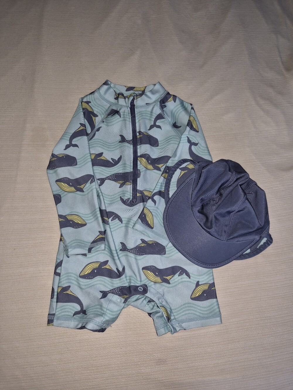 Little Lad Long Sleeve One-Piece Rash Guard Swimsuit + Matching Hat | 18 Months